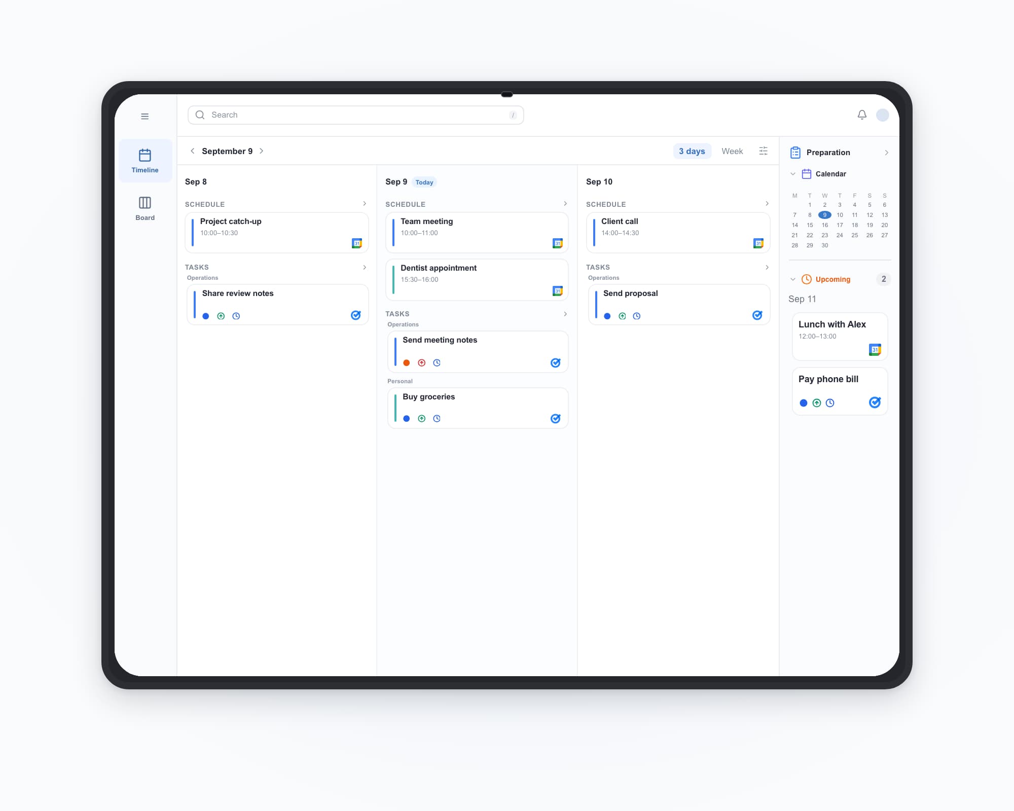 ilo tablet: work and personal accounts together — Team meeting, Dentist appointment, Send meeting notes, Buy groceries.